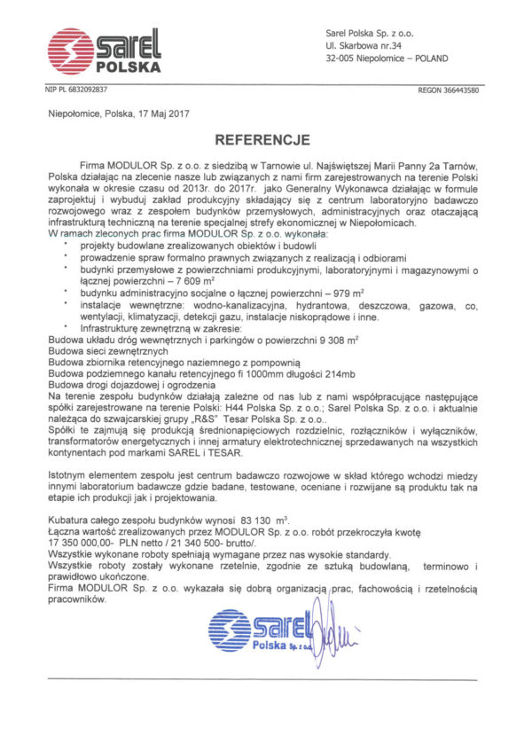 Referencje: 2017 Sarel Niepołomice