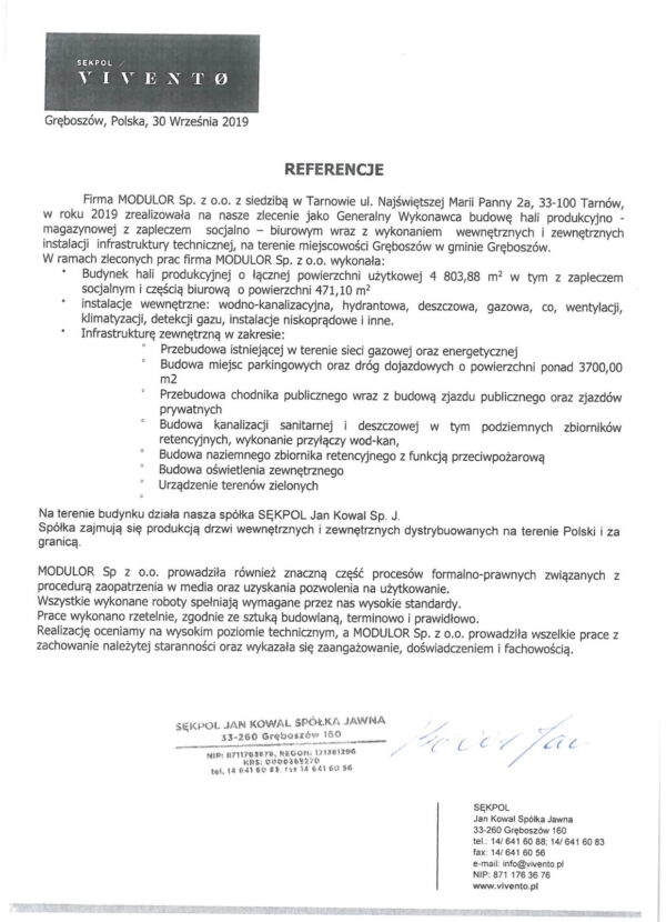 Referencje: 2019 Vivento Gręboszów