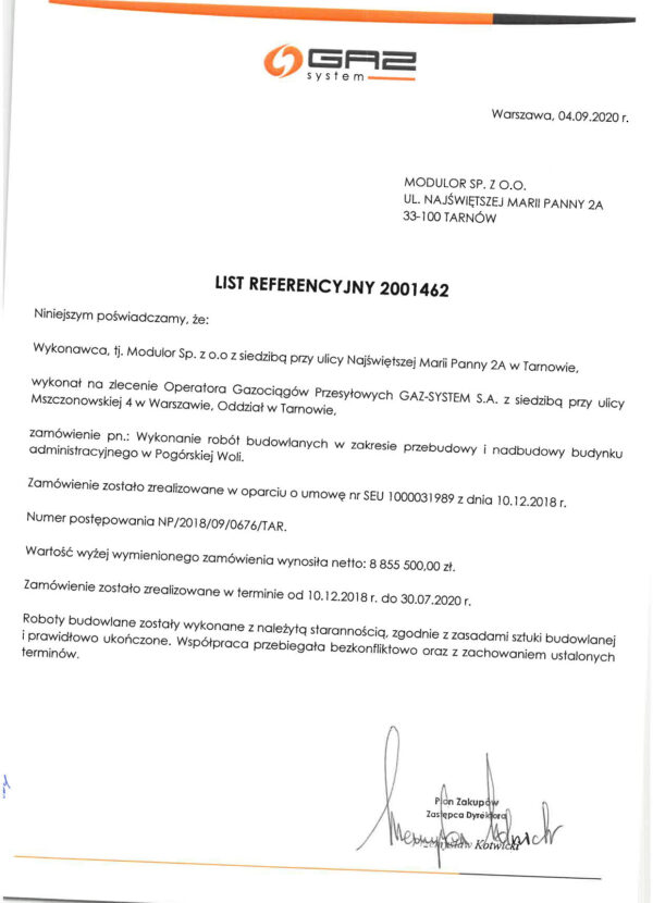 Referencje: 2020 GAZ SYSTEM bud B